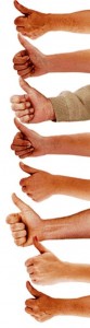 Picture of multiple hands with thumbs up - an upbeat attitude helps when job searching