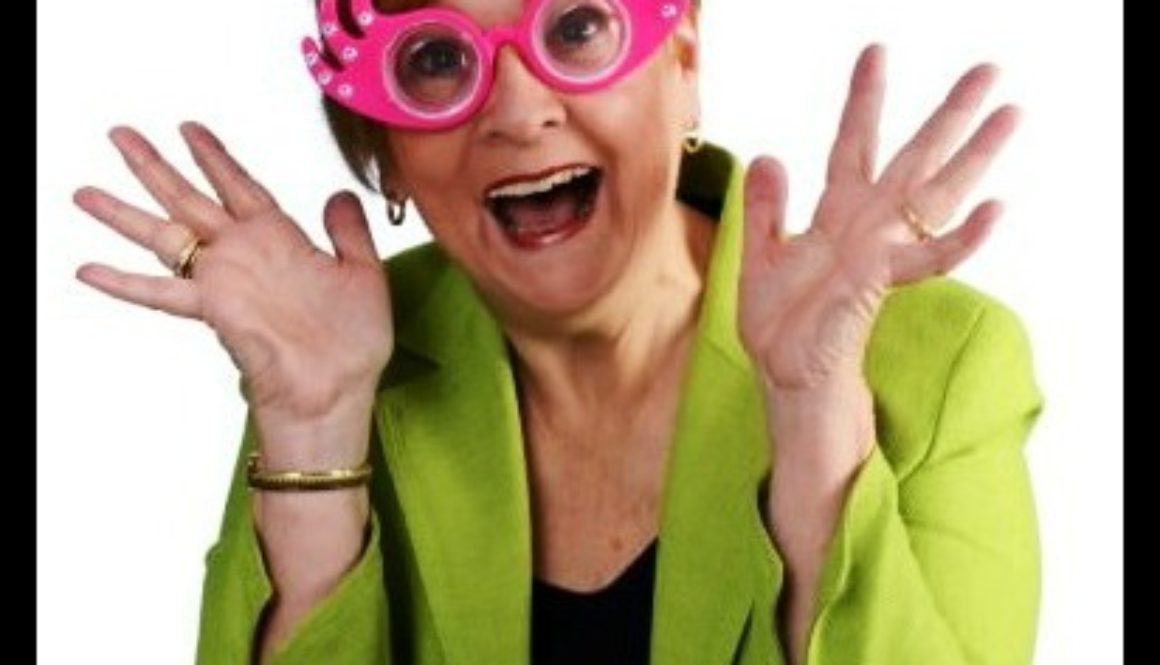 Patricia Morgan wearing silly glasses - her personal sense of humor style is 
