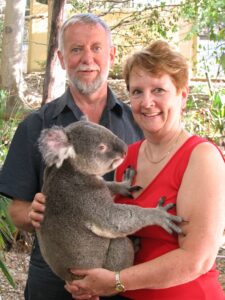 Patricia Morgan in Australia with a Koala asking some self-reflective questions