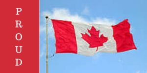 Image of Canadian flag flapping in the wind with the word PROUD on the left